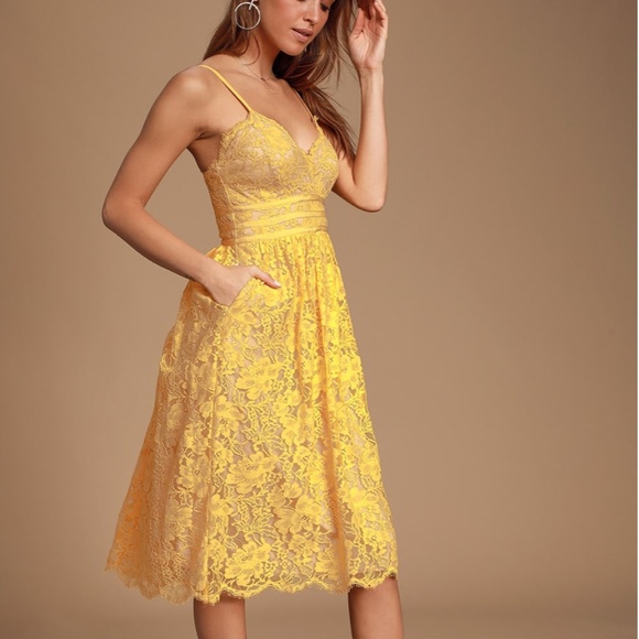 mustard lace midi dress